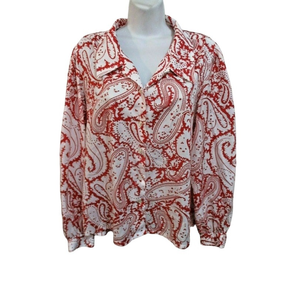 Vintage Judy Bond Blouse Size 14 Red Shirt Paisley Print Top